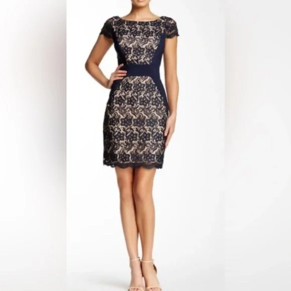 Brand new with tags Jessica Simpson sheath dress black lace over nude Size 4
